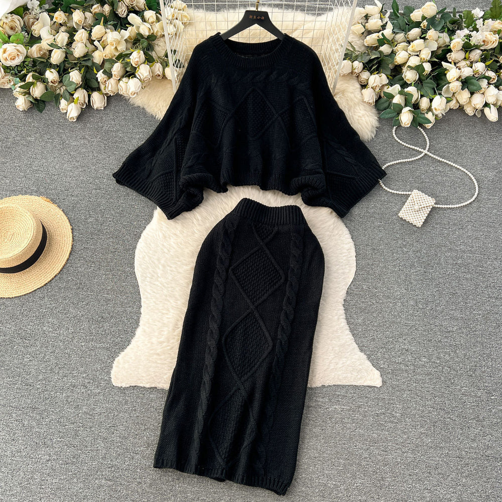 French Lazy Two Piece Dress of Knitted Sweater Women Autumn Winter Twist Batwing Sleeve Top Sheath Skirt Set
