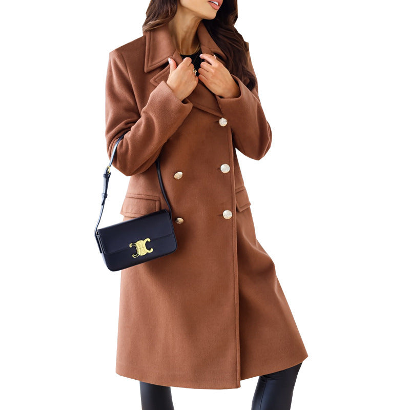 Autumn Winter Simplicity Long Sleeve Collared Double Breasted Woolen Coat Women Clothing