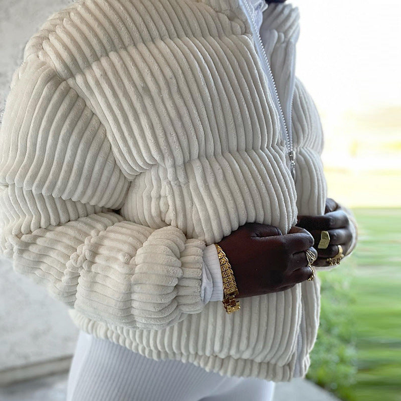 Women Clothing Autumn High Neck Long Sleeve Zipper Drawstring Thermal Cotton Coat Coat Top