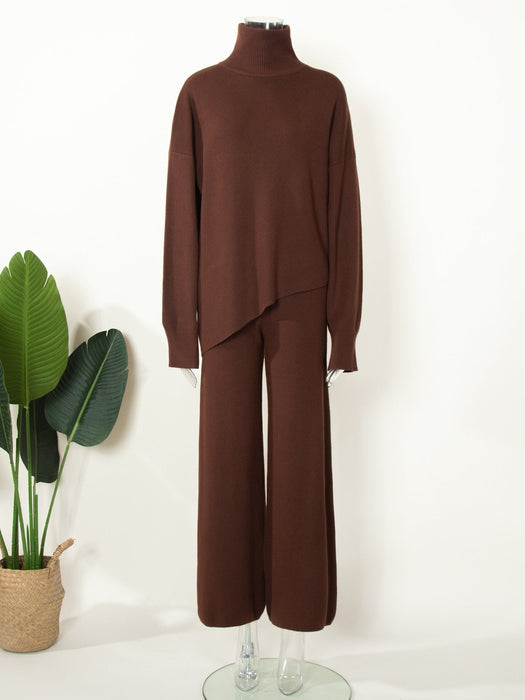 Half Turtleneck Irregular Asymmetric Sweater Suit Elegant Beveled Sweater Knitted Wide Leg Pants