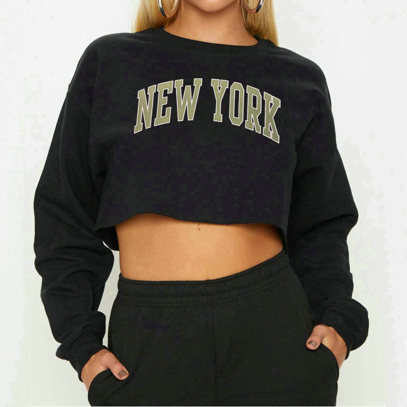 Women Clothing Autumn Winter York Letter Graphic Printing Short Loose Long Sleeves Sweater