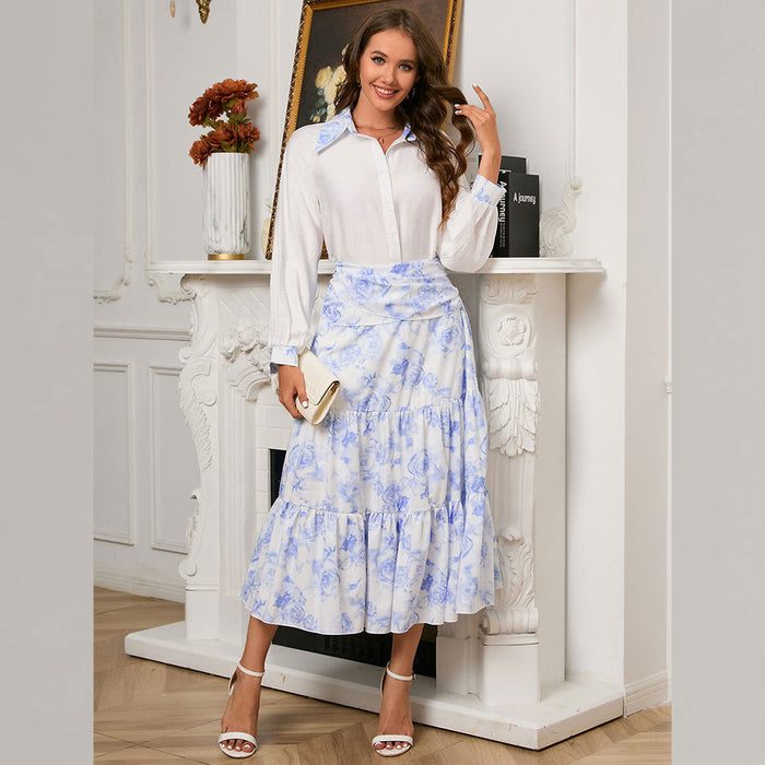 Autumn Clothing Suit Shirt Skirt Women Office Elegant Tie Dye Two Piece Set Lightly Mature Unique Skirt