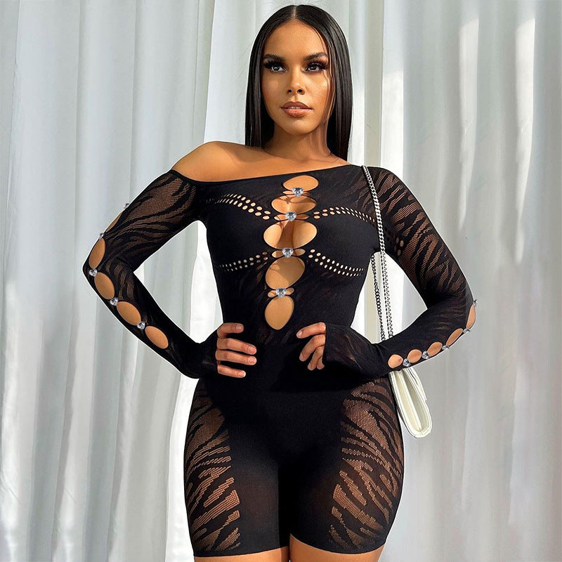Solid Color Diagonal Shoulder Long Sleeve Diamond Hollow Out Cutout Sexy Slim Fit Romper