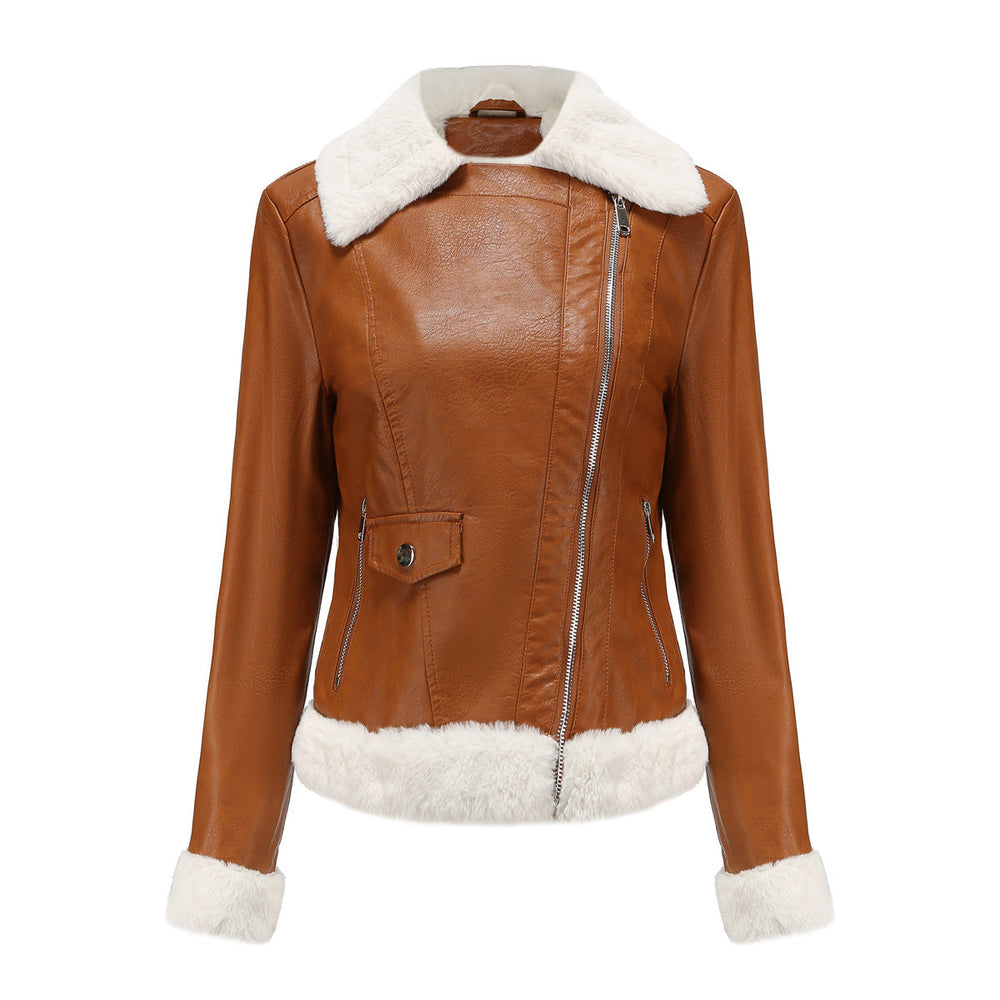Autumn Winter Fleece Leather Jacket Women European Size Warm Long Sleeves Turn down Collar Coat Office Casual Jacket
