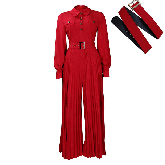 Belt Women Clothing Spring Summer Long Sleeve Casual Loose Pleated Wide Leg Jumpsuit