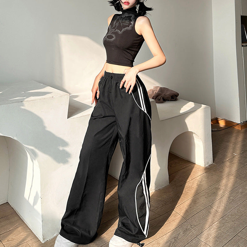 Spring Summer Women Clothing Solid Color Loose Street High Waist Straight Drawstring Casual Pants