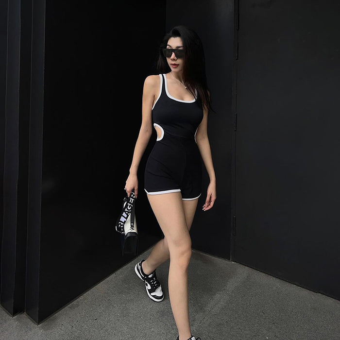 Street Sports Casual Women Waist Hollow Out Cutout Hemming Contrast Color Tight Sleeveless Romper Summer