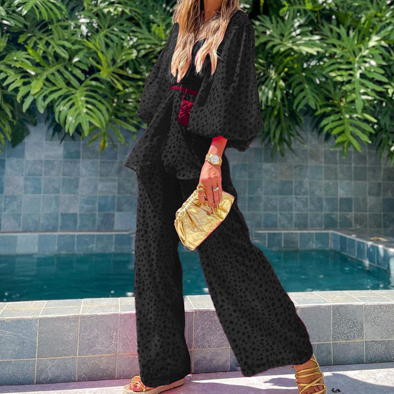 Autumn New Women Clothing Printed Casual Top Wide Leg Pants Two-Piece Suit