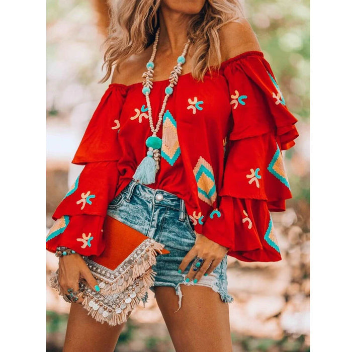 Women Clothing Bohemian Long Sleeved Shirt Women Autumn Red Casual Women Top