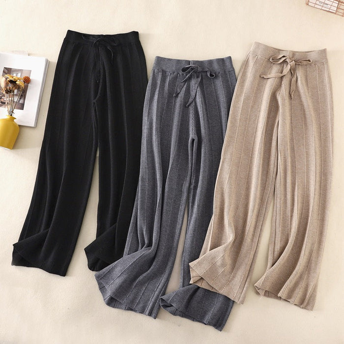 Knitted Thick Wide Leg Pants Women Autumn Winter High Waist Loose Drooping Straight Casual Long Pants Loose Vertical Stripes