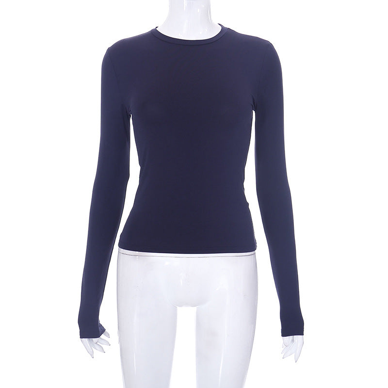 Women  Clothing Spring Solid Color round Neck Long Sleeve Basic  Top