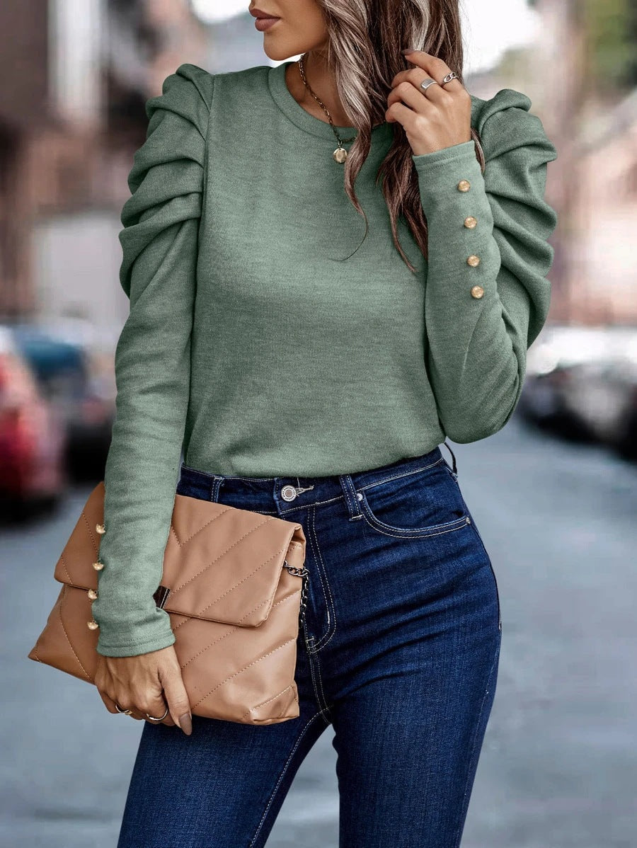 Women Clothing Autumn Winter High Elastic Cashmere round Neck Slim Puff Sleeve Long Sleeve Top