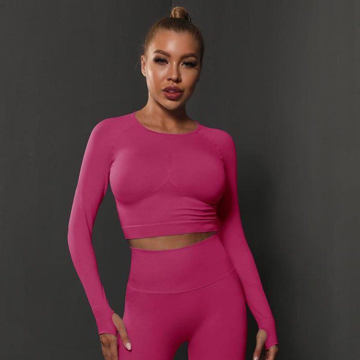 Seamless Knitted Solid Color Peach Tight T Shirt Top Fitness Exercise Yoga Clothes Moisture Absorption Body Shaping Long Sleeve Women