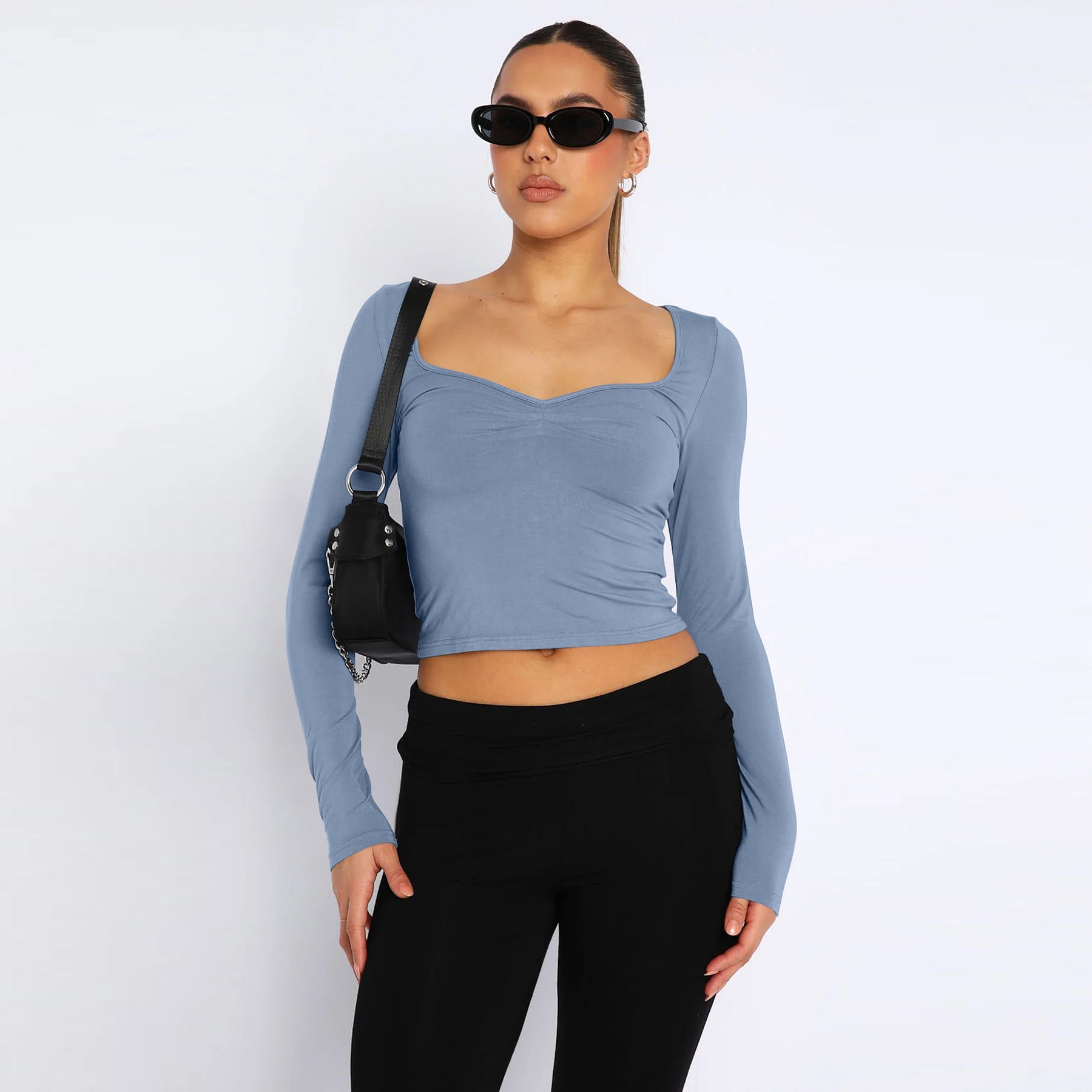 Sexy Square Neck T shirt Women Autumn Solid Color Long Sleeved Short Top Sexy Cropped Knitted Sweater