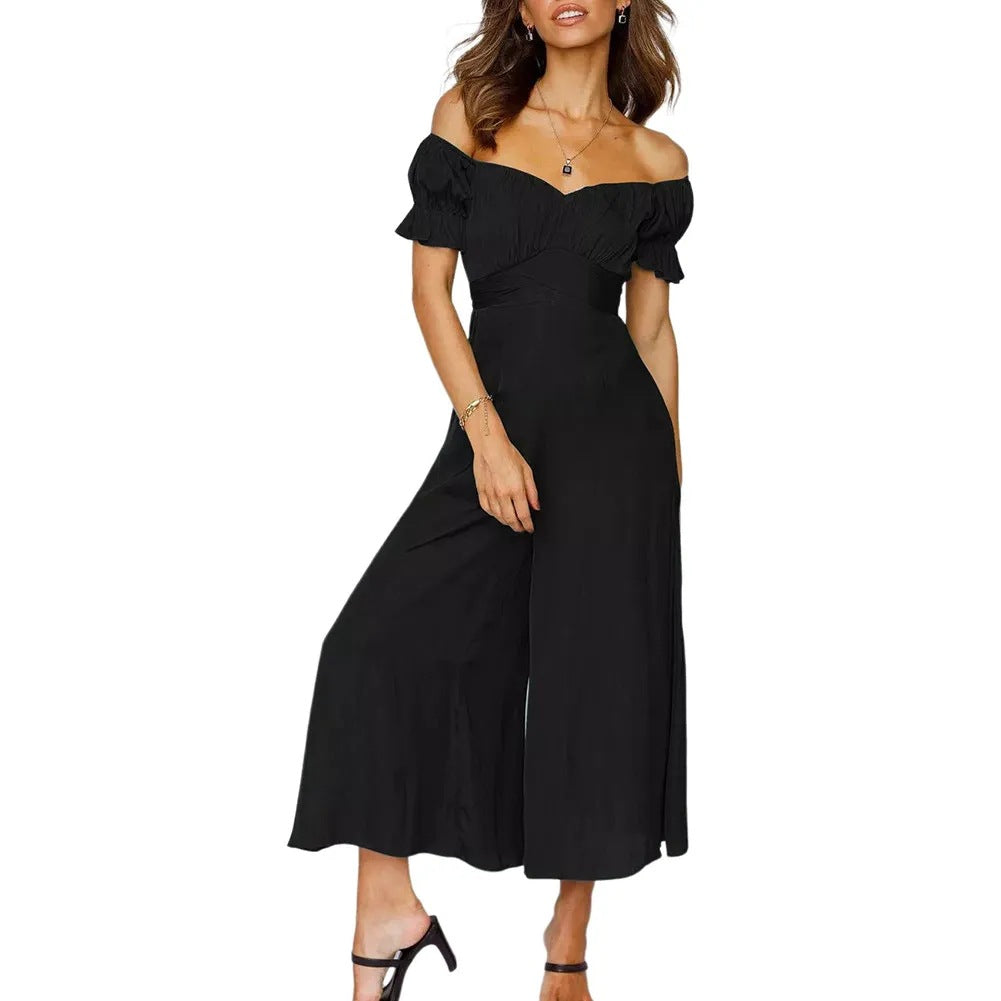 Spring Summer Women Clothing Solid Color off-the-Shoulder Jumpsuit