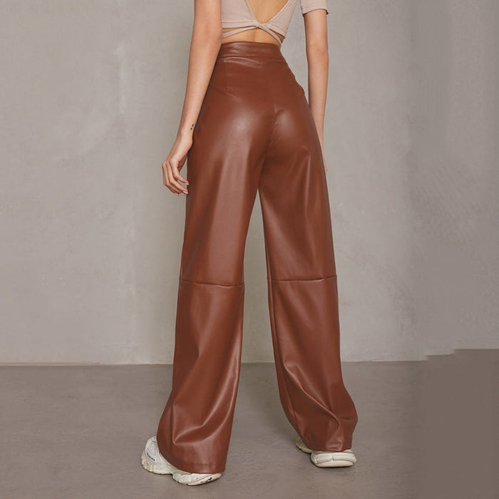 Slim Fit All Match Sexy Faux Leather Pants Women Autumn Winter Outdoor Casual High Waist Wide Leg Pants Women