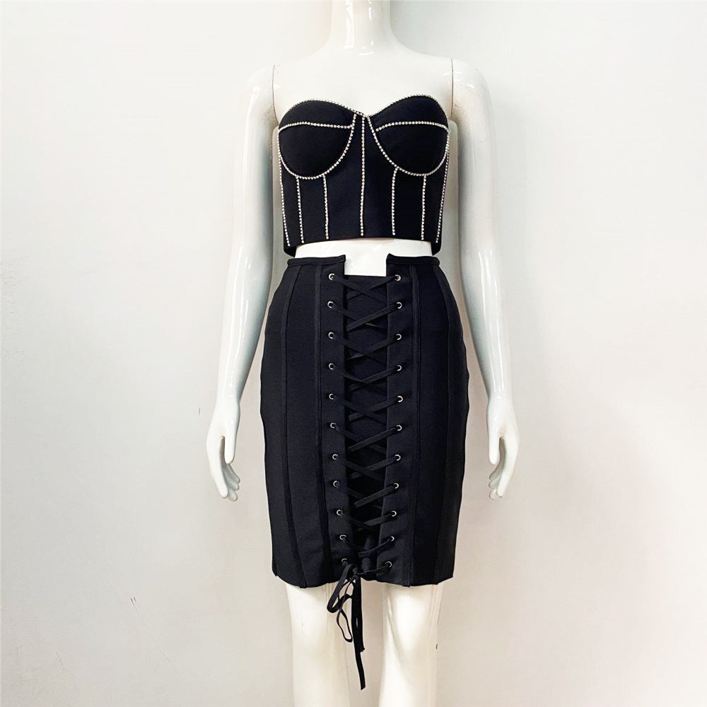 Sexy Suit Tube Top Diamond Top Drawstring Tight Short Skirt Bandage Dress Piece Set
