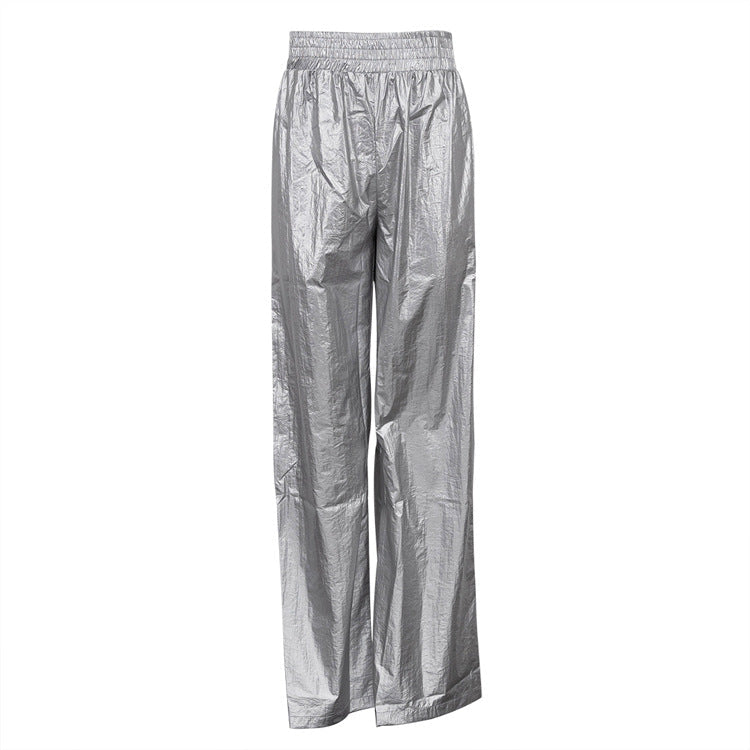Metallic Coated Fabric Trend Windproof Women Pants Autumn Silver Elastic Waist Loose Straight Slimming Wide Leg Pants