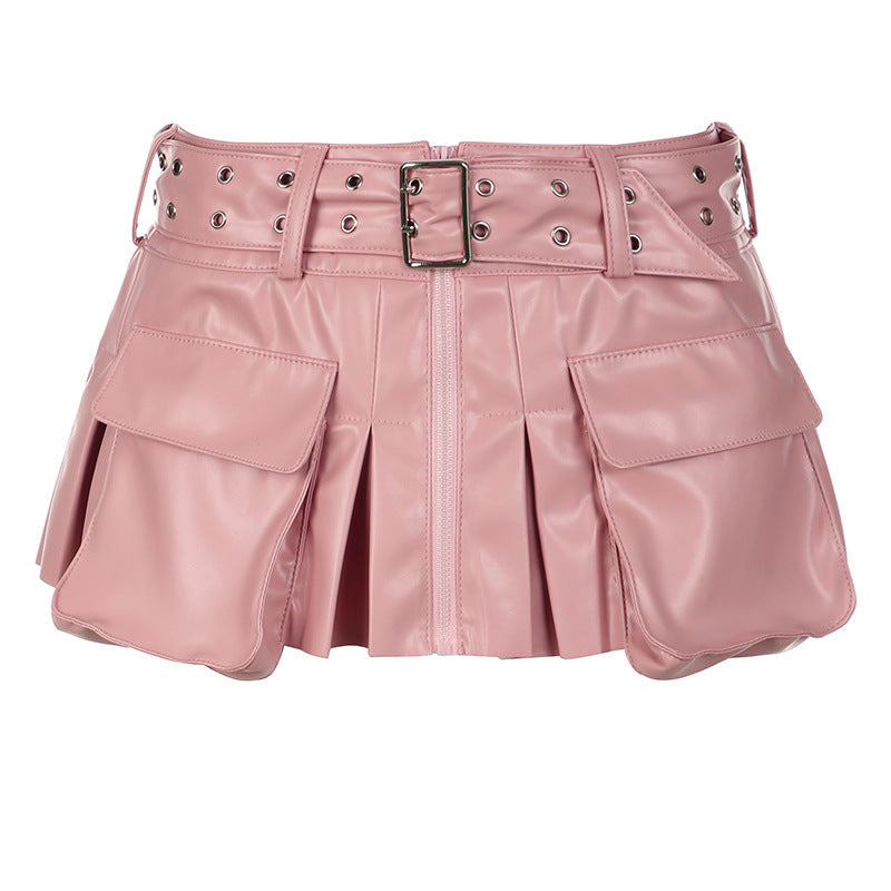 Punk Motorcycle Sexy Women Pink Leather Pocket Skirt Belt Pleated Skirt