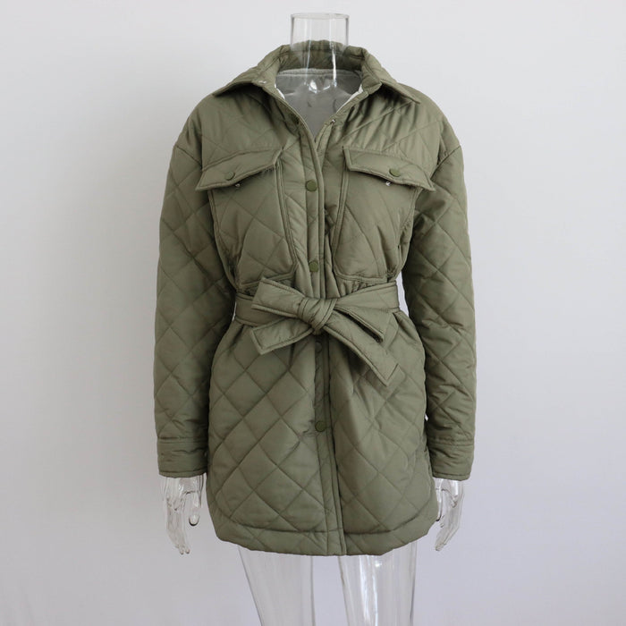 Long Breasted Collared Loose Warm Rhombus Cotton Padded Coat Autumn Winter Wild Thickened Cotton Padded Coat for Women