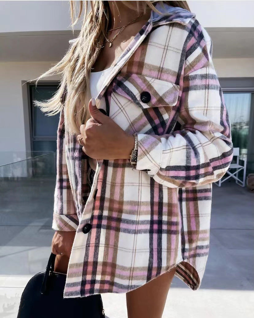 Women Clothing Winter Hooded Detachable Woolen Plaid Coat