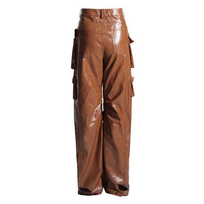 Unique Design Trousers Autumn High Waist Large Pocket Faux Leather Straight Leg Pants Profile Women