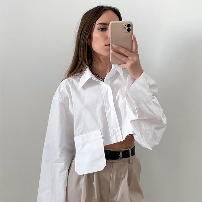 Autumn Cropped Asymmetric Stitching Casual Dignified Sense of Design Short Model in White Color Shirt Women Clothing