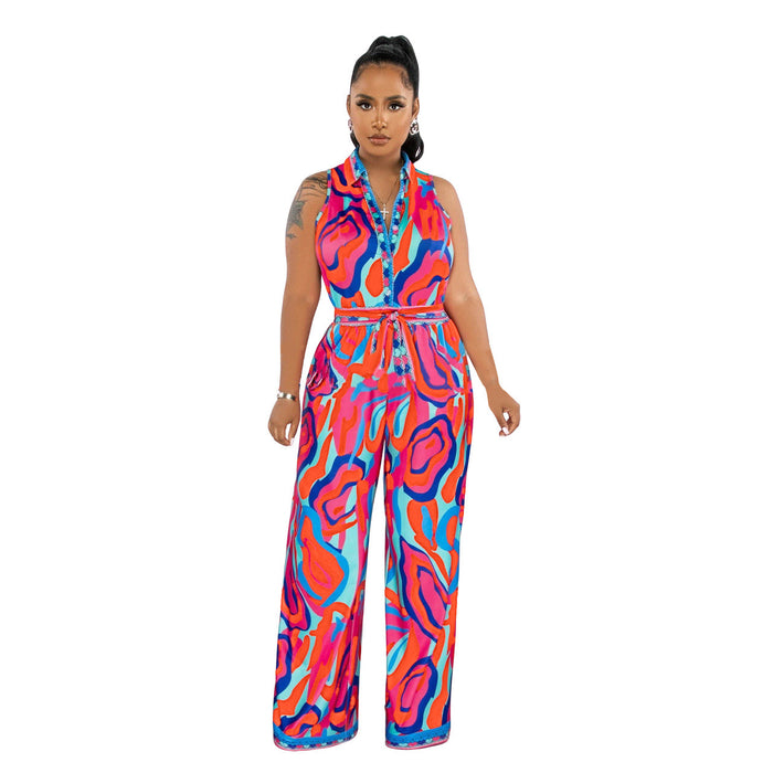 Women Clothing Summer Ethnic Sleeveless Positioning Printed Wide Leg Jumpsuit