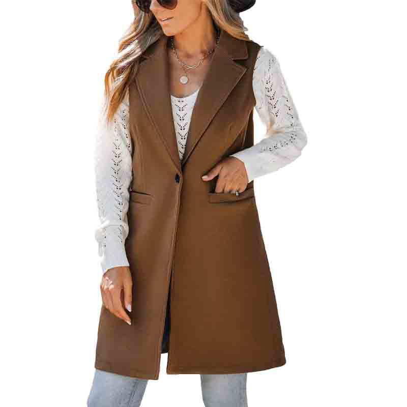 Autumn Winter Simplicity Vest Collared Button Sleeveless Woolen Coat for Women