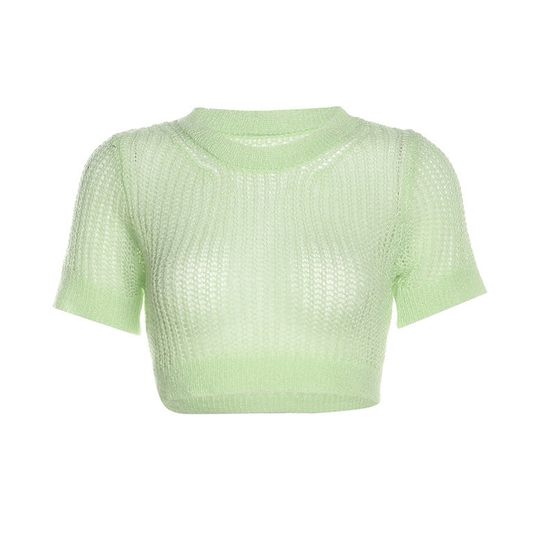 Spring Summer Women Clothing round Neck Pullover Short Sleeve Cropped See through Sexy Slim Knit T shirt