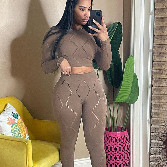 Fall Women Clothing Sexy Hollow Out Cutout-out Ripped High Waist Tight Trousers Casual Sports Set for Women