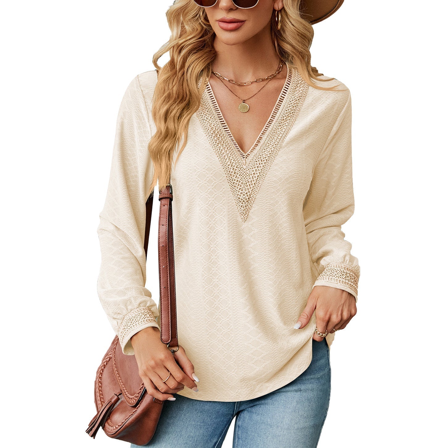 Autumn Winter Lace V-neck Patchwork Loose Long-Sleeved T-shirt Top Women Clothing