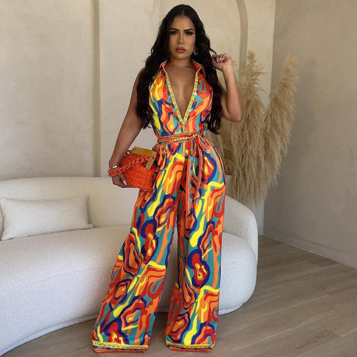 Women Clothing Summer Ethnic Sleeveless Positioning Printed Wide Leg Jumpsuit