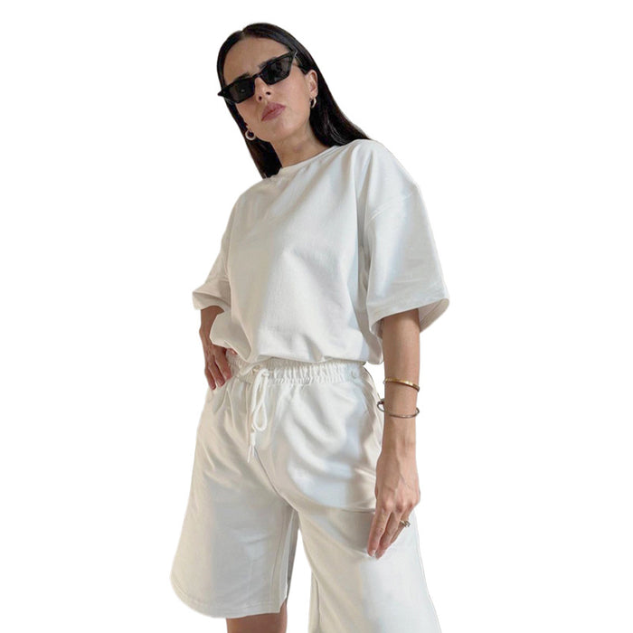 Spring Summer Solid Color round Neck Short Sleeves Women Two Piece Suit All Matching Loose Outfit