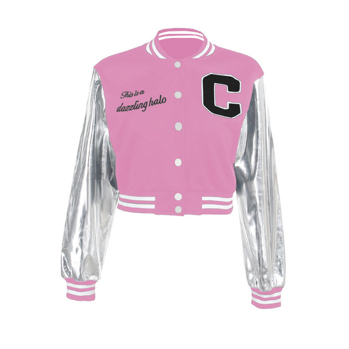 Metallic Coated Fabric Street Stitching Embroidered Varsity Jacket Autumn Winter Three Dimensional Button Slim Jacket