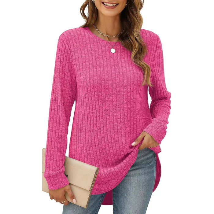 Autumn Winter Solid Color Round Neck Long Sleeve Brushed Loose Fitting T Shirt Top Women