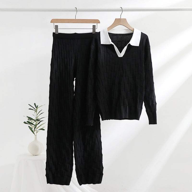 Fashionable Knitted Woven Suit Spring Autumn Korean Half Open Collar Pullover Top Trousers Women Two Piece Suit