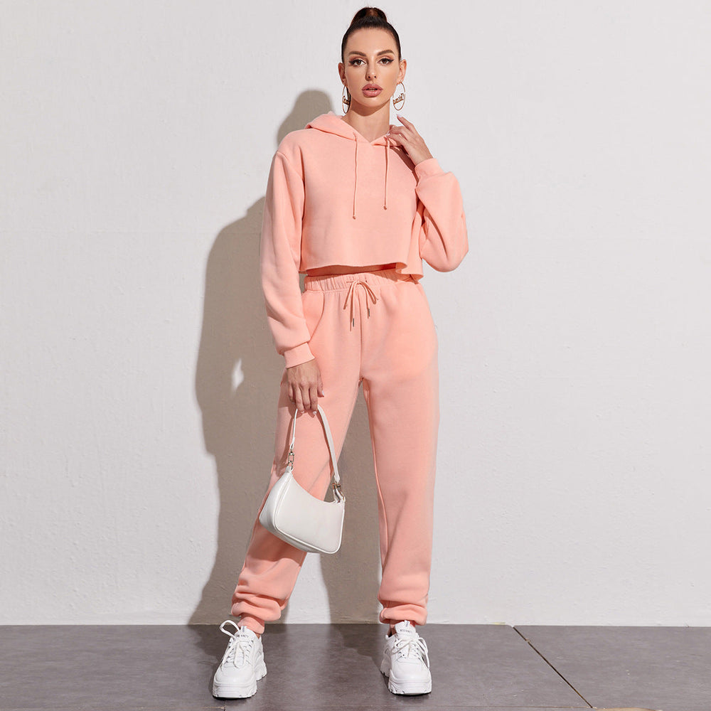 Autumn Winter Fleece Lined Long-Sleeved Short Sweater Women cropped Hooded Fleece Shirt Women Solid Color Straight Leg Pants Suit