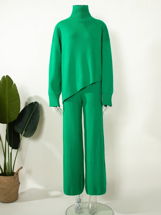 Half Turtleneck Irregular Asymmetric Sweater Suit Elegant Beveled Sweater Knitted Wide Leg Pants