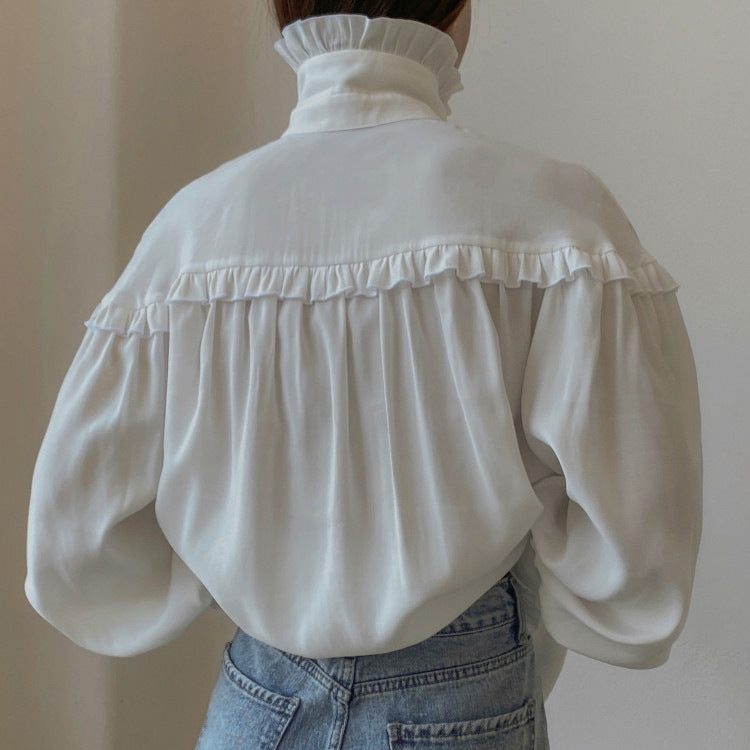 Women Clothing Early Spring Shirt Women French Collared Lantern Sleeve Lace Design Loose White Shirt