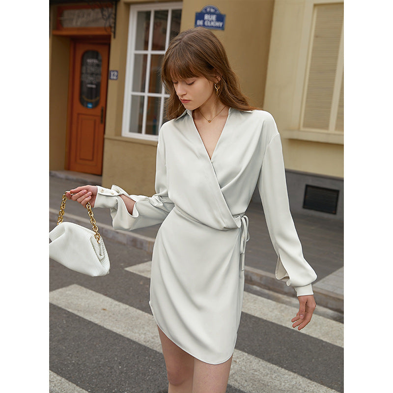 Women Spring Fall Office French V neck Shirt Dress High