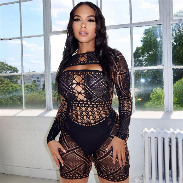 Summer Women Clothing Sexy Cutout Lace See through High Waist Tight Knitted Short Romper Women