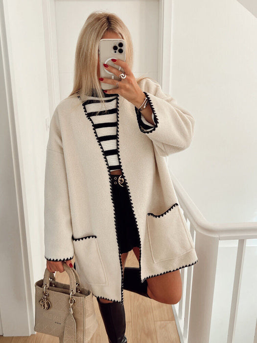 Women Color Contrast Woolen Coat Autumn Winter