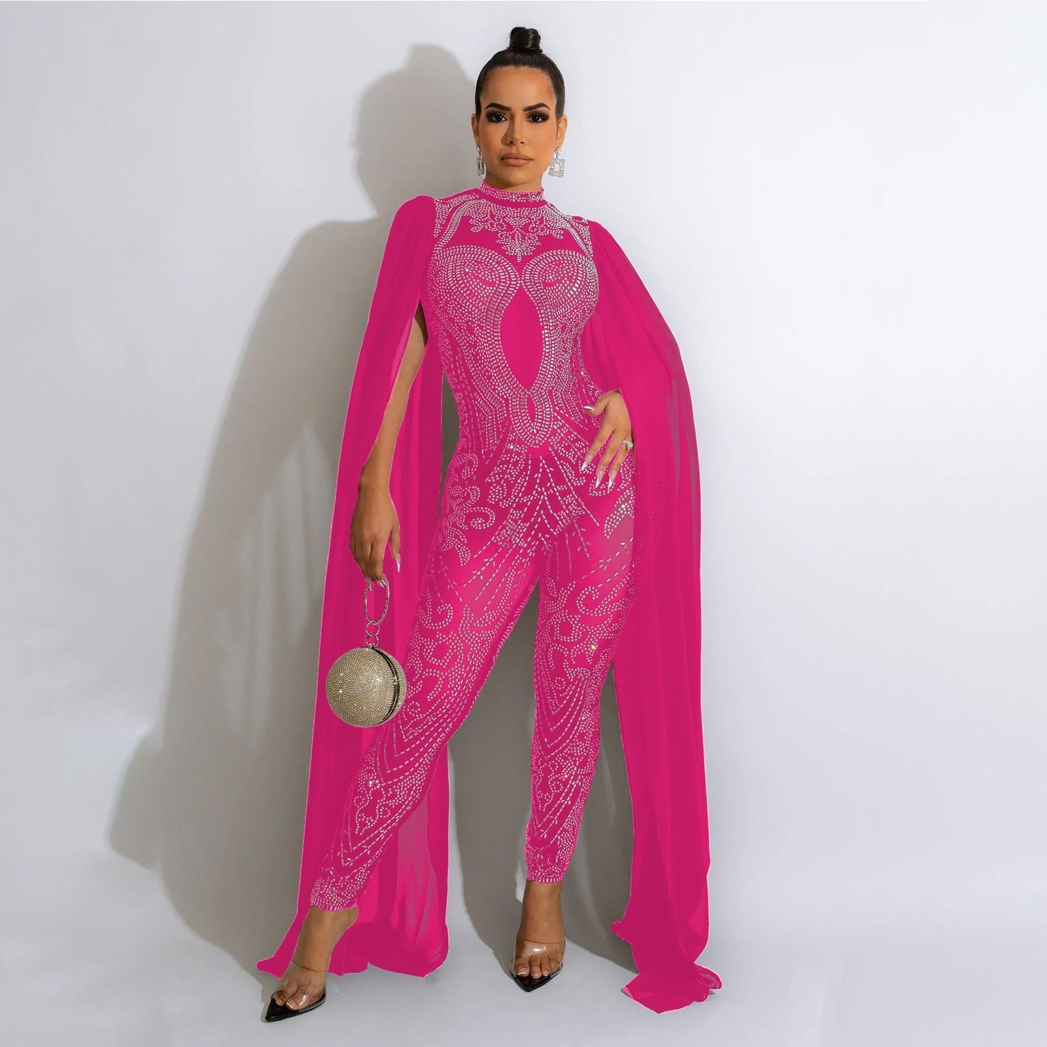 Autumn Winter Women Clothing Sexy Mesh Rhinestone See through Nightclub Jumpsuit Women