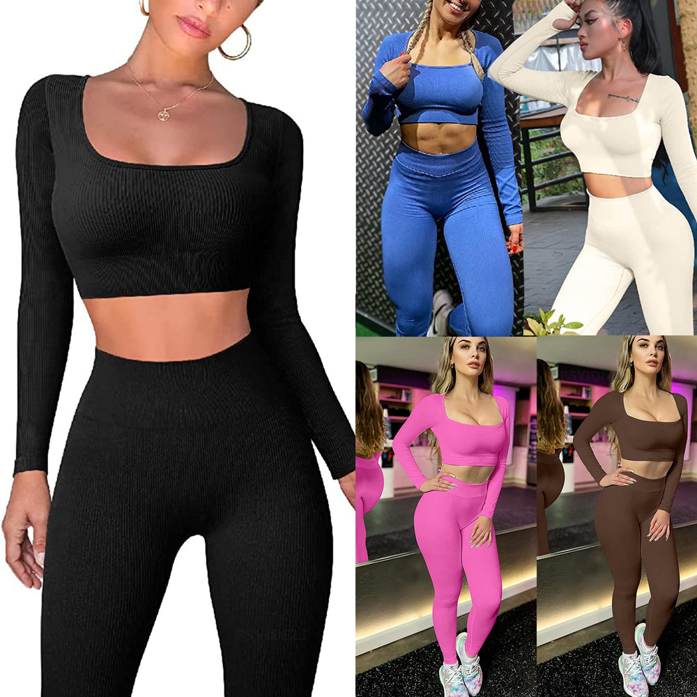 Autumn Winter Sports Fitness Short Top Suit Women Thread Sexy Tight Hip Lifting Yoga Two Piece Set