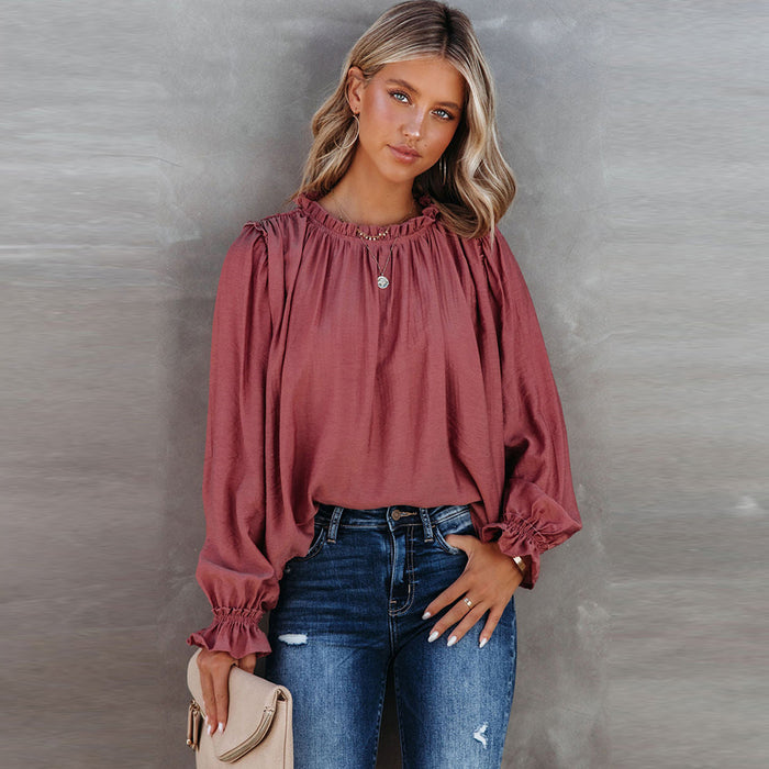 Red Ruffled Long Sleeved T shirt Women Autumn round Neck Top