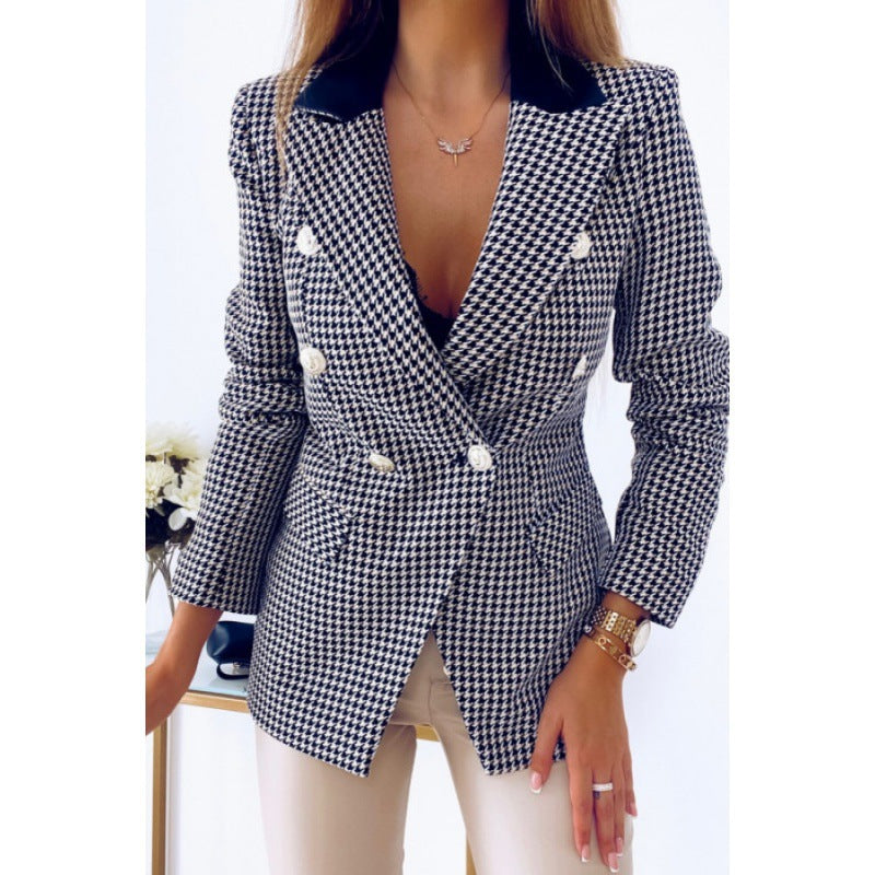 Double Breasted Houndstooth Office Blazer  Women