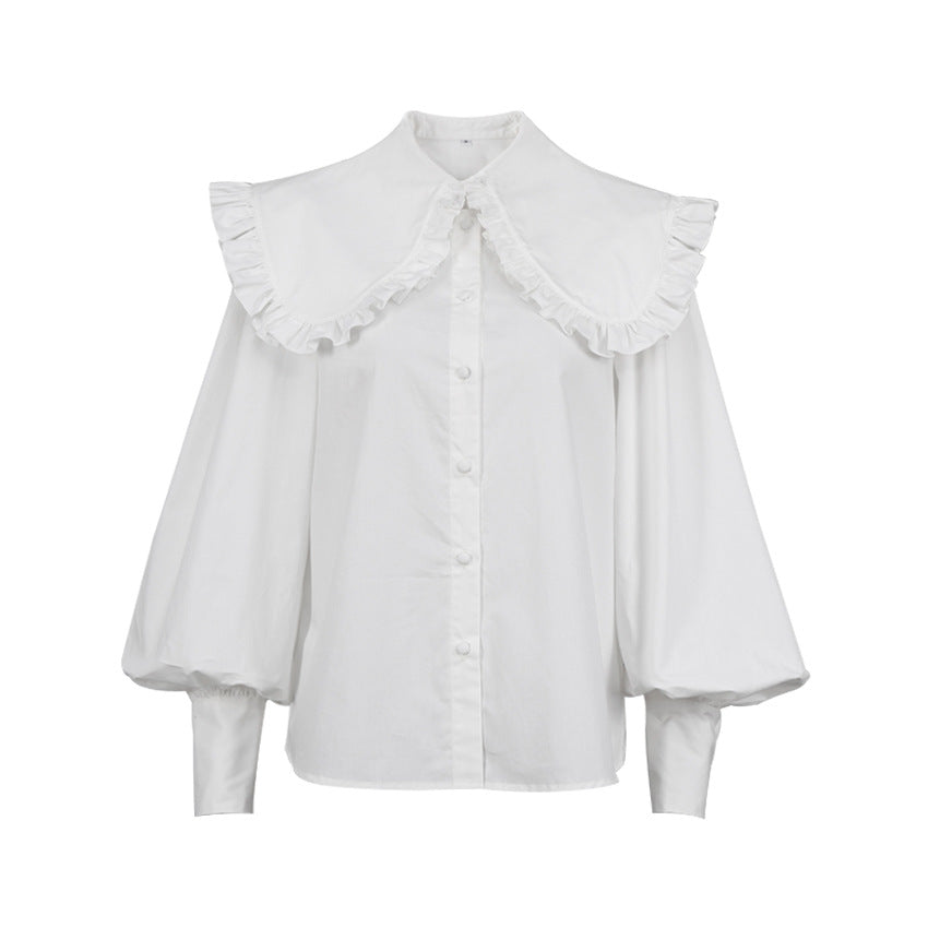 French Palace Doll Collar White Cotton Shirt Women Spring Fungus Long Sleeve Shirt