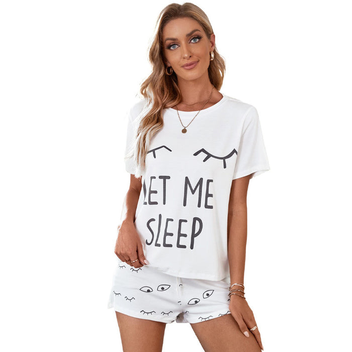 Shiying Short-Sleeved Homewear Set Eyelash Pattern Text Holiday Printing Sleep Pajamas for Women Summer