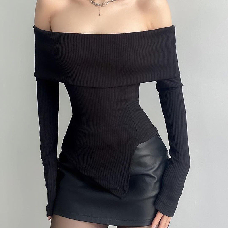 Fashionable off Shoulder Irregular Asymmetric Long Sleeve Top Autumn Simple Solid Color Top